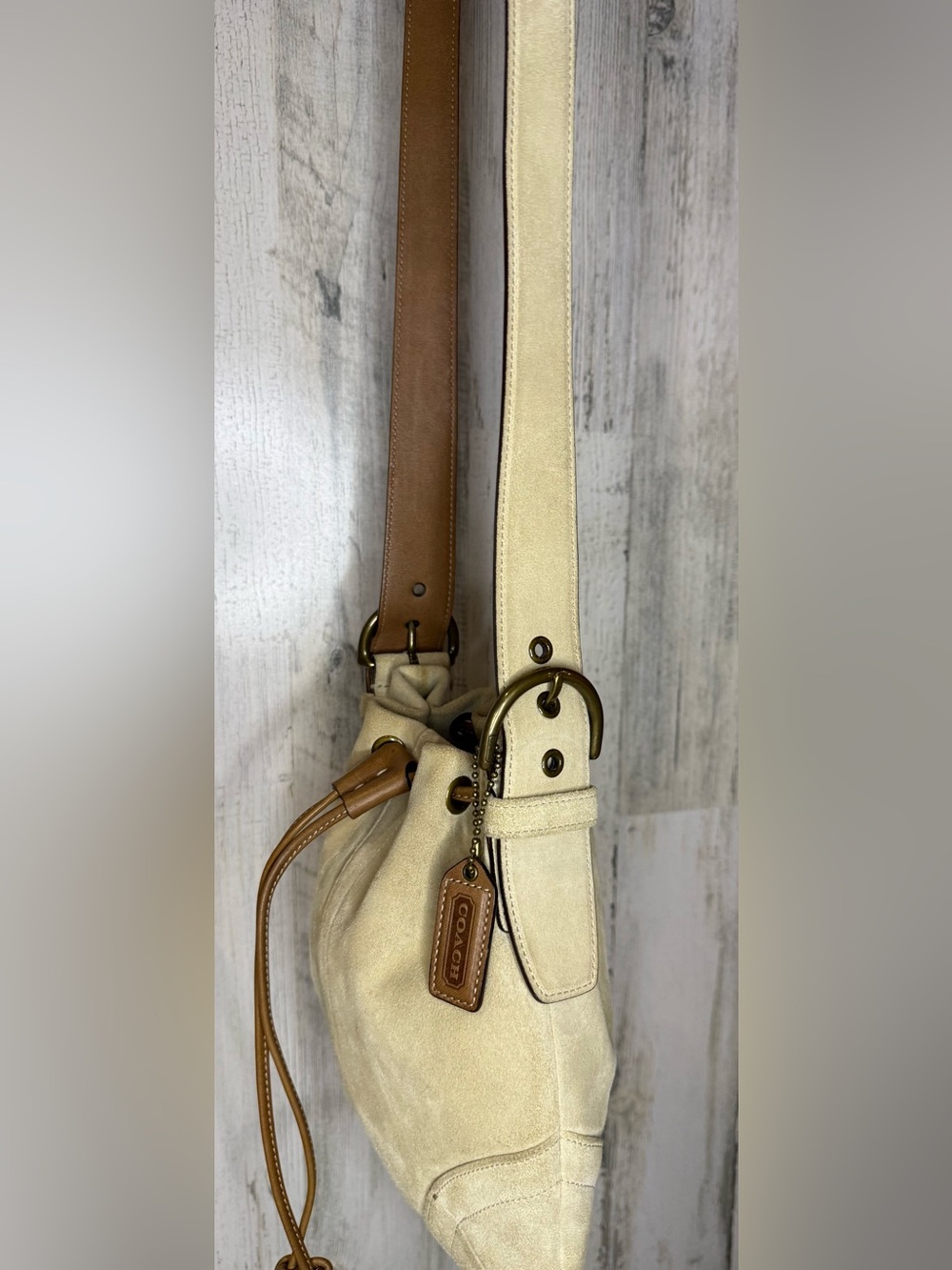 Coach SoHo Drawstring Vintage Suede Crossbody Bag with Brown Leather Trim